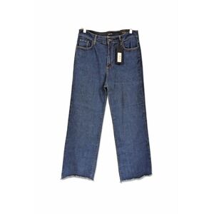 GJG Denim Womens High Rise Wide‎ Leg Jeans Dark Blue Raw Hem GJGWL04 Size 13 NEW